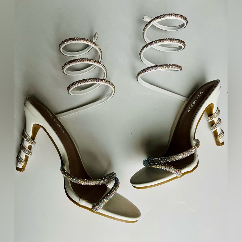 White Rhinestone Strappy Heels